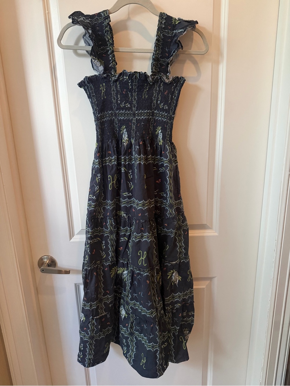 Hill House Navy Floral Smocked Midi Dress with Ruffle Straps